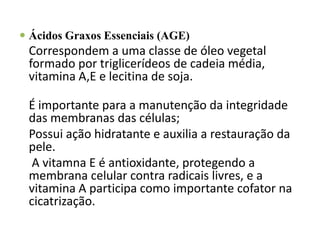  Ácidos Graxos Essenciais (AGE)
 Correspondem a uma classe de óleo vegetal
 formado por triglicerídeos de cadeia média,
 vitamina A,E e lecitina de soja.

 É importante para a manutenção da integridade
 das membranas das células;
 Possui ação hidratante e auxilia a restauração da
 pele.
  A vitamna E é antioxidante, protegendo a
 membrana celular contra radicais livres, e a
 vitamina A participa como importante cofator na
 cicatrização.
 