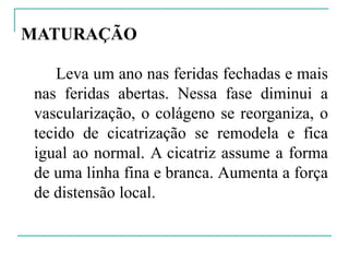 MATURAÇÃO
Leva um ano nas feridas fechadas e mais
nas feridas abertas. Nessa fase diminui a
vascularização, o colágeno se reorganiza, o
tecido de cicatrização se remodela e fica
igual ao normal. A cicatriz assume a forma
de uma linha fina e branca. Aumenta a força
de distensão local.
 
