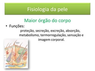 Fisiologia da pele
Maior órgão do corpo
• Funções:
proteção, secreção, excreção, absorção,
metabolismo, termorregulação, sensação e
imagem corporal.
 