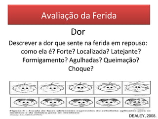 Avaliação da Ferida
Dor
Descrever a dor que sente na ferida em repouso:
como ela é? Forte? Localizada? Latejante?
Formigamento? Agulhadas? Queimação?
Choque?
DEALEY, 2008.
 