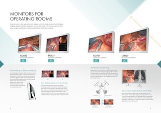 Adjust Screens Independently from Each Other
When displaying two signal sources side by side on the
same screen, each image’s display mode (gamma 1.8 – 2.6
or DICOM Preset Mode) can be adjusted without interfering
with the other image. This is perfect for multi-modality use,
where both endoscope, CT and MRI images can be accurately
displayed on the same monitor.
EX2620
66.1 cm (26") LCD Monitor
26"
WIDE
View Multiple Signals on the One Screen
Two separate signal sources can be viewed
simultaneously on one monitor screen side by side
(PoP, Picture out Picture) or above the main signal
(PiP, Picture in Picture). With the EX2621, up to three
different signal sources can be displayed at the
same time (PoP and PiP). The size and position of the
display windows is adjustable when using PoP or PiP.
180° Rotation and Mirroring
Regardless of the orientation of the surgical camera,
you can rotate the displayed image by 180° or mirror
to find the perfect operating view. This allows you to
match the image with the line of sight of surrounding
assistants and surgeons, improving convenience in
the operating room.
Fully Flat Design for Safety and Hygiene
In consideration of safety, EIZO’s surgical monitors
adopt rounded corners. Furthermore the front is
covered with a fully flat protective panel that has
protection against foreign material and splashes
to a level of IP45 (whole monitor has IP32 rating).
Additionally with the attached
cable cover, cables can be
stored neatly out of sight,
increasing safety and hygiene
in the operating room.
PoP
Gamma 2.2
PiP
180°
Main Doctor
A
B
Monitor for
Main Doctor A
Assistant Doctor
Monitor for
Assisant Doctor B
DICOM
Preset Mode
Surgical teams in the operating room depend upon the most advanced technologies.
Imaging applications have developed to an essential aid. EIZO‘s endoscopy monitors
assist surgeons perfectly in today’s sophisticated medical procedures.
EX3220
80.1 cm (31.5") LCD Monitor
32"
WIDE
EX2621
66.1 cm (26") LCD Monitor
EX2721
68.6 cm (27") LCD Monitor
26"
WIDE
27"
WIDE
MONITORS FOR
OPERATING ROOMS
8 9
 