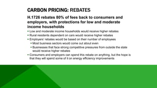 CARBON PRICING: REBATES
H.1726 rebates 80% of fees back to consumers and
employers, with protections for low and moderate
...