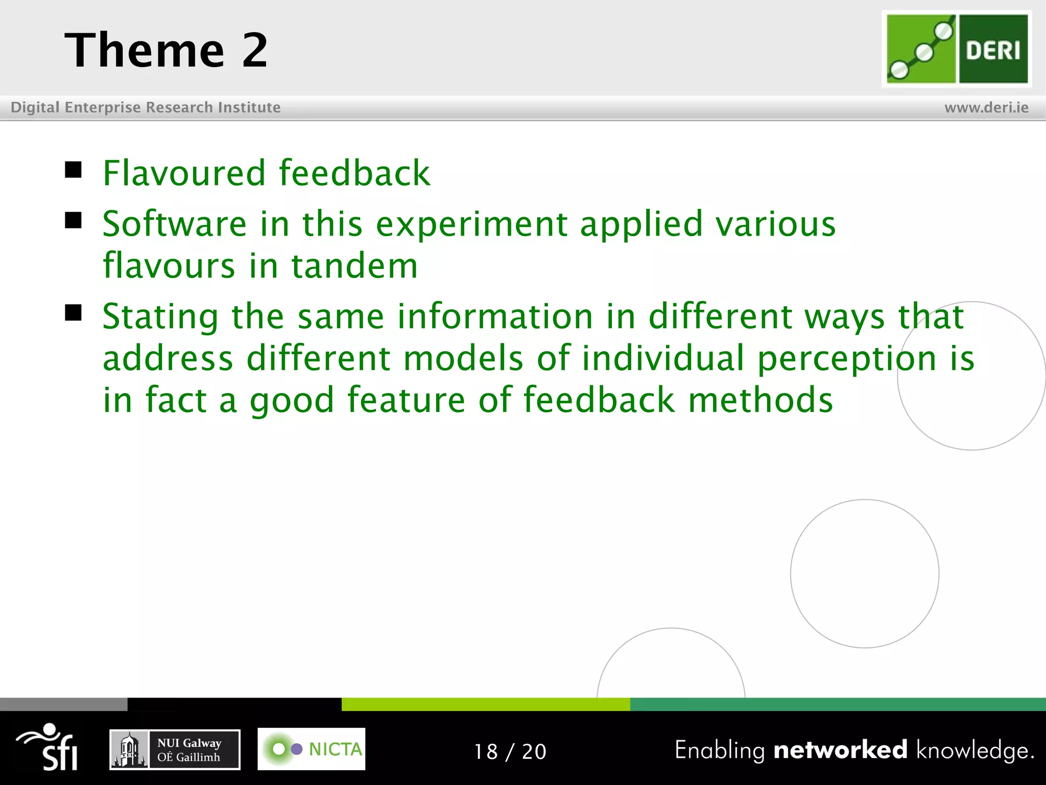 Digital Enterprise Research Institute www.deri.ie
Theme 2
 Flavoured feedback
 Software in this experiment applied various
flavours in tandem
 Stating the same information in different ways that
address different models of individual perception is
in fact a good feature of feedback methods
18 / 20
 