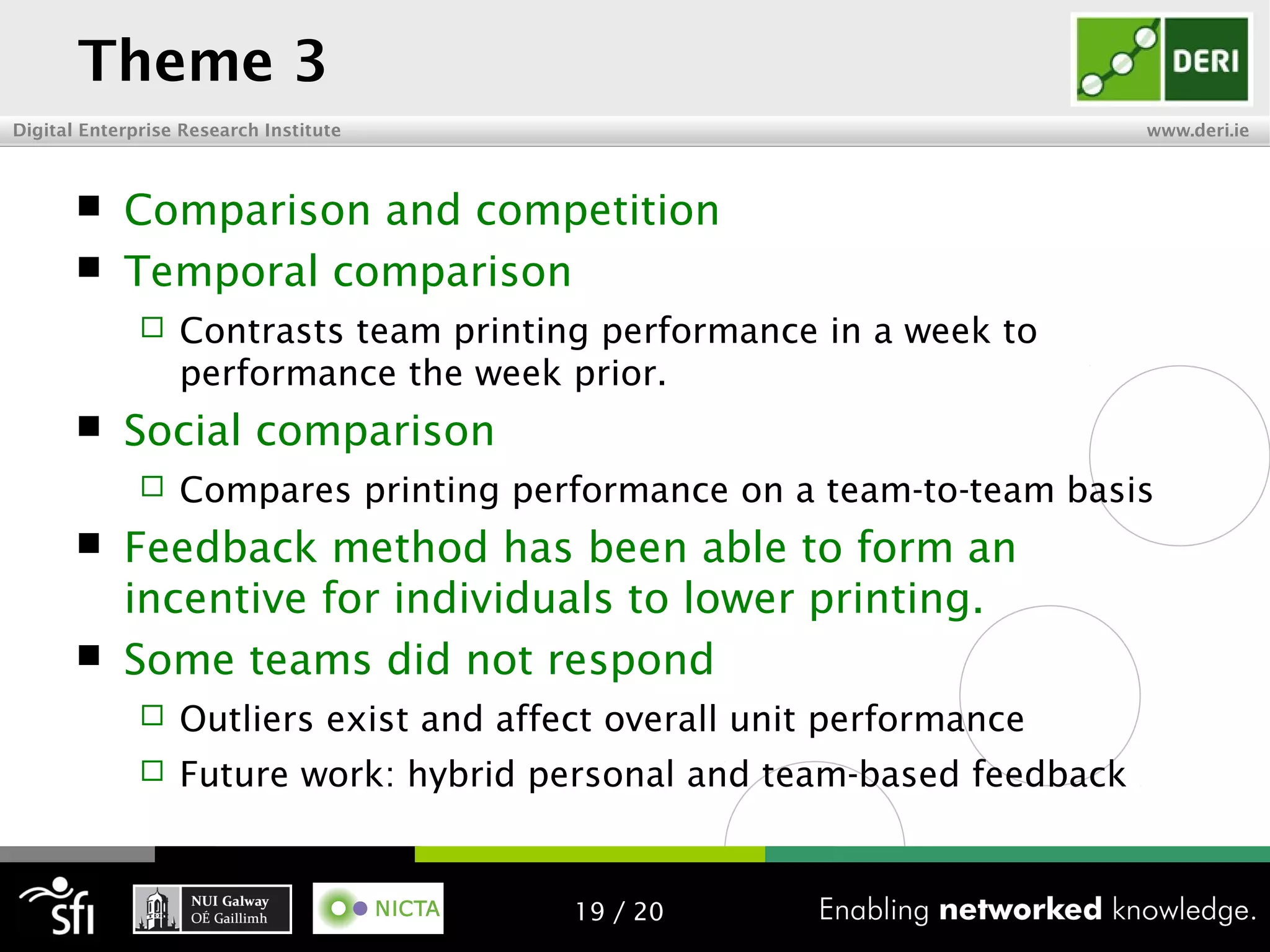 Digital Enterprise Research Institute www.deri.ie
Theme 3
 Comparison and competition
 Temporal comparison
 Contrasts team printing performance in a week to
performance the week prior.
 Social comparison
 Compares printing performance on a team-to-team basis
 Feedback method has been able to form an
incentive for individuals to lower printing.
 Some teams did not respond
 Outliers exist and affect overall unit performance
 Future work: hybrid personal and team-based feedback
19 / 20
 