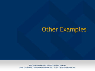 © 2014 The Partnering Group, Inc. | Page 13 
8170 Corporate Park Drive, Suite 310 Cincinnati, OH 45242 
Phone 513-469-6840 | www.thepartneringgroup.com | © 2014 The Partnering Group, Inc. 
Other Examples  