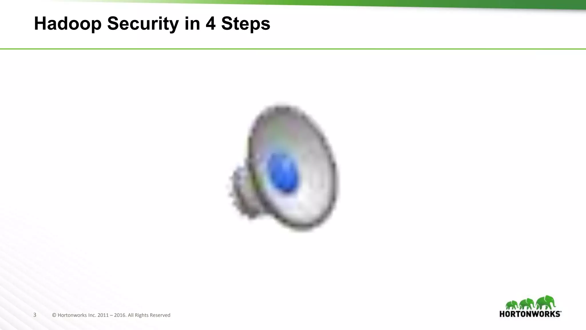3 © Hortonworks Inc. 2011 – 2016. All Rights Reserved
Hadoop Security in 4 Steps
 