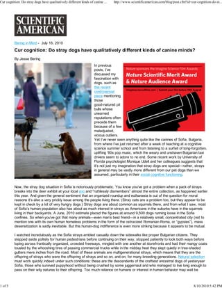 Cur cognition: Do stray dogs have qualitatively different kinds of canine ...   http://www.scientificamerican.com/blog/post.cfm?id=cur-cognition-do-st...




          Bering in Mind - July 16, 2010

          Cur cognition: Do stray dogs have qualitatively different kinds of canine minds?
          By Jesse Bering
                                                                   In previous
                                                                   posts, I’ve
                                                                   discussed my
                                                                   fascination with
                                                                   dogs, such as
                                                                   this recent
                                                                   controversial
                                                                   piece mentioning
                                                                   those
                                                                   good-natured pit
                                                                   bulls whose
                                                                   unearned
                                                                   reputations often
                                                                   precede them
                                                                   because of a few
                                                                   maladjusted,
                                                                   vicious outliers.
                                                                   Yet I’ve never seen anything quite like the canines of Sofia, Bulgaria,
                                                                   from where I’ve just returned after a week of teaching at a cognitive
                                                                   science summer school and from listening to a surfeit of long-forgotten,
                                                                   uplifting '80s pop music, which the weary and unshaven Bulgarian taxi
                                                                   drivers seem to adore to no end. Some recent work by University of
                                                                   Florida psychologist Monique Udell and her colleagues suggests that
                                                                   it’s not just my imagination that stray dogs are special—rather, strays
                                                                   in general may be vastly more different from our pet dogs than we
                                                                   assumed, particularly in their social cognitive functioning.


          Now, the stray dog situation in Sofia is notoriously problematic. You know you’ve got a problem when a pack of strays
          breaks into the deer exhibit at your local zoo and “ruthlessly dismembers” almost the entire collection, as happened earlier
          this year. And given the general sentiment that an organized roundup and euthanasia is out of the question for moral
          reasons it’s also a very prickly issue among the people living there. (Stray cats are a problem too, but they appear to be
          kept in check by a lot of very hungry dogs.) Stray dogs are about common as squirrels there, and from what I saw, most
          of Sofia’s human population also has about as much interest in strays as Americans in the suburbs have in the squirrels
          living in their backyards. A June, 2010 estimate placed the figures at around 9,500 dogs running loose in the Sofia
          confines. So when you’ve got that many animals—even man’s best friend—in a relatively small, concentrated city (not to
          mention one with its own human homeless problems in the form of the ostracized Romanian Roma, or “gypsies”), mass
          desensitization is sadly inevitable. But this human-dog indifference is even more striking because it appears to be mutual.

          I watched incredulously as the Sofia strays ambled casually down the sidewalks like proper Bulgarian citizens. They
          stepped aside politely for human pedestrians before continuing on their way, stopped patiently to look both ways before
          loping across frantically organized, crowded freeways, mingled with one another at storefronts and had their mangy coats
          tousled by the whooshing tires of passing commercial trucks while in the midday heat they slept quietly in tree-shaded
          gutters mere inches from the road. Most of these animals are multigenerational strays, which means that they are the
          offspring of strays who were the offspring of strays and so on, and on, for many breeding generations. Natural selection
          must work quickly indeed under such conditions: these are the descendents of the craftiest ancestral dogs of yesteryear
          Sofia, those who survived puppyhood without being crushed by some juggernaut and who managed to live long enough to
          pass on their wily natures to their offspring. Too much reliance on humans or interest in human behavior may well be



1 of 5                                                                                                                               8/10/2010 5:42 PM
 