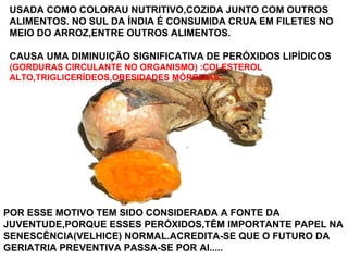 USADA COMO COLORAU NUTRITIVO,COZIDA JUNTO COM OUTROS ALIMENTOS. NO SUL DA ÍNDIA É CONSUMIDA CRUA EM FILETES NO MEIO DO ARROZ,ENTRE OUTROS ALIMENTOS. CAUSA UMA DIMINUIÇÃO SIGNIFICATIVA DE PERÓXIDOS LIPÍDICOS  (GORDURAS CIRCULANTE NO ORGANISMO) :COLESTEROL ALTO,TRIGLICERÍDEOS,OBESIDADES MÓRBIDAS... POR ESSE MOTIVO TEM SIDO CONSIDERADA A FONTE DA JUVENTUDE,PORQUE ESSES PERÓXIDOS,TÊM IMPORTANTE PAPEL NA SENESCÊNCIA(VELHICE) NORMAL.ACREDITA-SE QUE O FUTURO DA GERIATRIA PREVENTIVA PASSA-SE POR AI..... 
