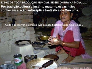 E  90% DE TODA PRODUÇÃO MUNDIAL SE ENCONTRA NA ÍNDIA......... Por tradição,cultura e instinto materno,essas mães conhecem a ação anti-séptica fantástica da Cúrcuma. Ajuda a conservar o alimento livre da ação bacteriana por mais tempo . 