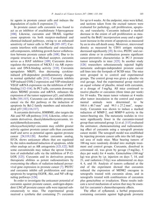 P. Anand et al. / Cancer Letters 267 (2008) 133–164                             145

tic agents in prostate cancer cells and induces the            for up to 6 weeks. At the endpoint, mice were killed,
degradation of cyclin E expression [7].                        and sections taken from the excised tumors were
   In prostate cancer cells curcumin was found to              evaluated for pathology, cell proliferation, apopto-
act as an inhibitor of arachidonate 5-lipoxygenase             sis, and vascularity. Curcumin induced a marked
[104]. Likewise, curcumin and TRAIL together                   decrease in the extent of cell proliferation as mea-
cause apoptosis via both receptor-mediated and                 sured by the BrdU incorporation assay and a signif-
chemical-induced pathways, owing to an enhanced                icant increase in the extent of apoptosis as measured
sensitivity of tumor cells to NF-jB [105–107]. Cur-            by an in situ cell death assay. Moreover, microvessel
cumin interferes with osteoblastic and osteoclastic            density as measured by CD31 antigen staining
cell components, inhibiting growth factor collabora-           decreased signiﬁcantly [18]. In vivo, PEITC and cur-
tion between prostate cancer cells [108]. Due to its           cumin alone or in combination possess signiﬁcant
organic structure as a Michael acceptor, curcumin              cancer-preventive characteristics in PC-3 prostate
serves as a HAT inhibitor [109]. Curcumin down-                tumor xenografts in mice [125]. In another study
regulates the expression of NKX3.1 via AR expres-              [126] researchers subcutaneously injected highly
sion and DNA-binding activity [110]. Curcumin                  metastatic androgen-independent prostate cancer
upregulates MKP5, thus decreasing cytokine-                    cell lines into the footpads of SCID mice. The mice
induced p38-dependent proinﬂammatory changes                   were grouped in to control and experimental
in normal epithelial cells [111]. Curcumin inhibits            groups. The control group was given a placebo via
VIP-induced COX-2 expression and VIP-stimulated                oral gavage. And the experimental group received
VEGF mRNA expression via the inhibition of AP-1                an equal volume of placebo, mixed with curcumin,
binding [112–114]. In PC3 cells, curcumin downreg-             at a dosage of 5 mg/kg. All mice continued to
ulates MDM2 proteins and mRNA. enhances the                    receive placebo or curcumin (three times per week)
expression of the tumor suppressor p21, and inhibits           for 10 weeks. The mean tumor volumes at 4 weeks
IjBa [101,115]. Curcumin can also inhibit prostate             after tumor inoculation in the control and experi-
cancer via the Akt pathway or the induction of                 mental animals were determined to be
apoptosis by Bcl-2 family members and mitochon-                168.6 ± 40.7 mm3 and 99.5 ± 27.2 mm3, respec-
drial p53 [102,116,117].                                       tively. Curcumin was shown to induce a marked
   A curcumin derivative, HMBME, also targets the              reduction of MMP-2, and MMP-9 activity in the
Akt and NF-jB pathway [118]. Likewise, other cur-              tumor-bearing site. The metastatic nodules in vivo
cumin derivatives, diacetyldemethoxycurcumin, tri-             were signiﬁcantly fewer in the curcumin-treated
acetyldemethylcurcumin,              and            4-         group than untreated group. Li et al. [115] evaluated
ethoxycarbonylethyl curcumin may exhibit greater               the antitumor, chemosensitizing and radiosensitiz-
activity against prostate cancer cells than curcumin           ing eﬀect of curcumin using a xenograft prostate
itself and serve as potential agents against prostate          cancer model. The xenograft model was established
cancer [24,119,120]. Another curcumin analog,                  by injecting prostate cancer cells into the left ingui-
EF24, shows anticancer eﬀects that are regulated               nal area of nude mice. Mice bearing tumors of
by the redox-mediated induction of apoptosis, while            100 mg were randomly divided into multiple treat-
other analogs act as AR antagonists [121,122]. Still           ment and control groups. Curcumin, dissolved in
some curcuminoids may reduce the sprout forma-                 cottonseed oil, was given by gavage (5 mg/day, 5
tion of endothelial cells via the inhibition of P-12-          days per week) for 4 weeks. Gemcitabine (160 mg/
LOX [123]. Curcumin and its derivatives possess                kg) was given by i.p. injection on days 7, 14, and
therapeutic abilities as potent radiosensitizers by            21, and radiation (3 Gy) was administered on days
overcoming the eﬀects of radiation-induced prosur-             4, 6, and 10. Analysis of tumors collected at the
vival gene expression in prostate cancer [7]. PEITC            end of the experiment showed that curcumin
and curcumin inhibit cell proliferation and cause              reduced the expression of MDM2 oncogene in
apoptosis by targeting EGFR, Akt, and NF-jB sig-               xenografts treated with curcumin alone, and in
naling pathways [124].                                         xenografts treated with combinations of curcumin
   In order to investigate the anticancer potential of         plus gemcitabine or irradiation. These results indi-
curcumin against prostate cancer, androgen-depen-              cate a novel mechanism of action that may be essen-
dent LNCaP prostate cancer cells were injected sub-            tial for curcumin’s chemotherapeutic eﬀects.
cutaneously to mice. The experimental group                        The eﬀect of zyﬂamend, a herbal preparation
received a synthetic diet containing 2% curcumin               containing curcumin against high-grade prostatic
 