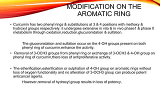 MODIFICATION ON THE
AROMATIC RING
• Curcumin has two phenyl rings & substitutions at 3 & 4 positions with methoxy &
hydroxyl groups respectively. it undergoes extensive in vito & in vivo phase1 & phase II
metabolism through oxidation,reduction,glucuronidation & sulfation.
The glucoronidation and sulfation occur on the 4-OH groups present on both
phenyl ring of curcumin,enhance the activity.
• Removal of 3-OCH3 groups from phenyl ring or exchange of 3-OCH3 & 4-OH group on
phenyl ring of curcumin,there loss of antiproliferative activity.
• The etherification,esterification or sulphation of 4-OH group on aromatic rings without
loss of oxygen functionality and no alteration of 3-OCH3 group can produce potent
anticancer agents.
However,removal of hydroxyl group results in loss of potency.
 