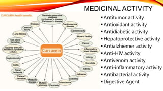 MEDICINAL ACTIVITY
Antitumor activity
Antioxidant activity
Antidiabetic activity
Hepatoprotective activity
Antialzhiemer activity
Anti-HIV activity
Antivenom activity
Anti-inflammatory activity
Antibacterial activity
Digestive Agent
 