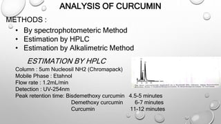 ANALYSIS OF CURCUMIN
METHODS :
• By spectrophotometeric Method
• Estimation by HPLC
• Estimation by Alkalimetric Method
ESTIMATION BY HPLC
Column : 5um Nucleosil NH2 (Chromapack)
Mobile Phase : Etahnol
Flow rate : 1.2mL/min
Detection : UV-254nm
Peak retention time: Bisdemethoxy curcumin 4.5-5 minutes
Demethoxy curcumin 6-7 minutes
Curcumin 11-12 minutes
 