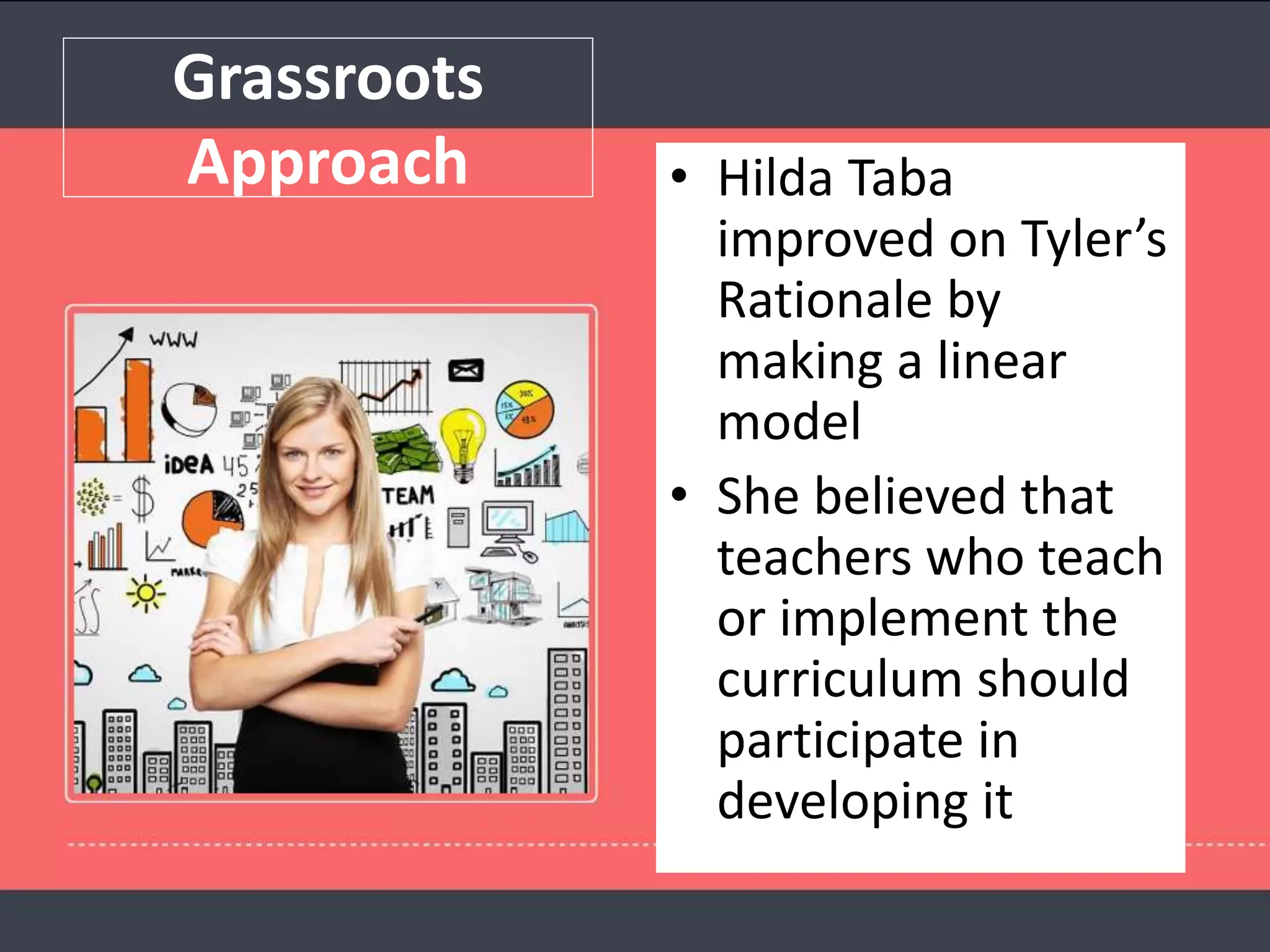 Grassroots
Approach • Hilda Taba
improved on Tyler’s
Rationale by
making a linear
model
• She believed that
teachers who teach
or implement the
curriculum should
participate in
developing it
 