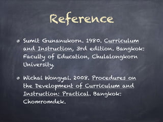Reference
Sumit Gunanukorn. 1980. Curriculum
and Instruction, 3rd edition. Bangkok:
Faculty of Education, Chulalongkorn
University.
Wichai Wongyai. 2008. Procedures on
the Development of Curriculum and
Instruction: Practical. Bangkok:
Chomromdek.
 