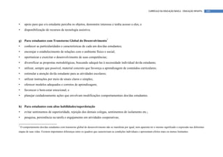 CURRÍCULO DA EDUCAÇÃO BÁSICA – EDUCAÇÃO INFANTIL      109




•      apoio para que o/a estudante perceba os objetos, demonstre interesse e tenha acesso a eles; e
•      disponibilização de recursos de tecnologia assistiva.


g) Para estudantes com Transtorno Global do Desenvolvimento7
•      conhecer as particularidades e características de cada um dos/das estudantes;
•      encorajar o estabelecimento de relações com o ambiente físico e social;
•      oportunizar e exercitar o desenvolvimento de suas competências;
•      diversificar as propostas metodológicas, buscando adequá-las à necessidade individual do/da estudante;
•      utilizar, sempre que possível, material concreto que favoreça a aprendizagem de conteúdos curriculares;
•      estimular a atenção do/da estudante para as atividades escolares;
•      utilizar instruções por meio de sinais claros e simples;
•      oferecer modelos adequados e corretos de aprendizagem;
•      favorecer o bem-estar emocional; e
•      planejar cuidadosamente ações que envolvam modificações comportamentais dos/das estudantes.


h) Para estudantes com altas habilidades/superdotação
•      evitar sentimentos de superioridade, rejeição dos demais colegas, sentimentos de isolamento etc.;
•      pesquisa, persistência na tarefa e engajamento em atividades cooperativas;

7
    O comportamento dos/das estudantes com transtorno global do desenvolvimento não se manifesta por igual, nem aparenta ter o mesmo significado e expressão nas diferentes
etapas de suas vidas. Existem importantes diferenças entre os quadros que caracterizam as condições individuais e apresentam efeitos mais ou menos limitantes.
 