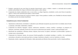 CURRÍCULO DA EDUCAÇÃO BÁSICA – EDUCAÇÃO INFANTIL   28




3.   Produção e apreciação da arte como forma de expressão, desenvolvendo o gosto, o cuidado, o respeito e a valorização pela sua própria
     produção, pela produção dos colegas, de diferentes artistas, gêneros, estilos e épocas.
4.   Compreensão das relações estabelecidas entre os sons da fala e os códigos linguísticos, entendendo a escrita como forma de expressão e
     registro e a leitura como instrumento para ampliar a visão de mundo.
5.   Conhecimento e desenvolvimento dos conceitos de número, espaço e forma, grandezas e medidas, com a finalidade de solucionar situações
     do cotidiano, por meio da resolução de problemas.


Competências para o Ensino Fundamental

1.   Apropriação de conhecimentos, articulando-os e aplicando-os para elaboração de propostas que possam intervir na realidade, desenvolvendo
     a cooperação, coletividade, solidariedade e cidadania.
2.   Compreensão das diferentes linguagens: corporal, verbal/escrita, matemática e artística, científica e tecnológica, na perspectiva do
     letramento, construindo e aplicando conceitos das várias áreas de conhecimento para entender o mundo e a plena participação social.
3.   Identificação das semelhanças e diferenças culturais, religiosas, étnico-raciais e de gênero, valorizando a sociodiversidade e opondo-se à
     exclusão social e à discriminação.
4.   Compreensão dos fenômenos naturais, dos processos histórico-geográficos, da produção tecnológica e científica e das manifestações
     socioculturais, colocando-se como sujeito que observa, investiga e transforma as situações e, com isso, transforma a si mesmo.
5.   Interpretação, seleção e organização de informações e dados apresentados por diferentes fontes para decidir e resolver situações-problema.
 