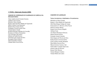 CURRÍCULO DA EDUCAÇÃO BÁSICA – EDUCAÇÃO INFANTIL   3




1ª ETAPA – Elaboração (Outubro/2008)

COMISSÃO DE COORDENAÇÃO DE ELABORAÇÃO DO CURRÍCULO DA   COMISSÕES DE ELABORAÇÃO
EDUCAÇÃO BÁSICA
                                                        Textos Introdutórios e Habilidades e Procedimentos
Tânia Andréia Gentil Goulart Ferreira
Andréia Costa Tavares                                   Michelle de Abreu Furtado
Michelle Abreu Furtado                                  Regina A. Reis Baldini de Figueiredo
Regina Aparecida Reis Baldini de Figueiredo             Júlia Mara Borges Fidalgo de Araújo
Maria Cristina Costa Samromã                            Franceneli de A. Oliveira e Silva Faccin
Roberta Paiva Gama Talyuli
                                                        Patrícia Carneiro Moura
Elisângela Teixeira Gomes Dias
Tatiana Santos Arruda                                   Regina Lúcia Pereira Delgado
Rosália Policarpo Fagundes de Carvalho                  Adriana Costa
Roselene de Fátima Constantino                          Ana Maria Miranda de Oliveira
Luiz Gonzaga Lapa Júnior                                Daniel Galvão da Silva
Edinéia da Cunha Ferreira                               Fernanda Amaral Almeida
Christiane Leite Areias da Silva                        Helis Regina de Oliveira da Silva
Rosangela Maria Pinheiro                                Kalfya Keyla Costa dos Santos
Edna Guimarães Campos
                                                        Leila Cristina Louredo Mesquita
Cláudia Denis Alves da Paz
                                                        Mara Rúbia Gouveia Pires
                                                        Márcia Ferreira Carreira e Sul
                                                        Neide Odete Coutinho Saad Lima
                                                        Ozania Lopes de Oliveira
                                                        Renata Teles Moreira
                                                        Tatiana Marques Cardoso
                                                        Tatiane Ribeiro de Castro
 