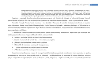 CURRÍCULO DA EDUCAÇÃO BÁSICA – EDUCAÇÃO INFANTIL       35



                       Quando um professor ou professora não reflete sobre a qualidade da sua prática, e não tenta verificar indicadores, no comportamento das crianças,
                       dos objetivos previamente definidos, tende a ficar numa rotina inconseqüente. Um exemplo disso é quando ele ou ela requer, muito
                       freqüentemente, que as crianças passem grande parte do tempo, em sala, realizando tarefas que requerem o uso do lápis e papel. Não é que esta
                       atividade deva ser excluída da educação infantil. Mas seu uso freqüente, pode, entre outros, transmitir a criança a idéia inadequada de que a sua
                       aprendizagem depende sempre de alguma iniciativa ou dos recursos fornecidos pelo professor ou professora.
       Para tanto a organização deste Currículo, adotará a estrutura proposta pelo Ministério da Educação no Referencial Curricular Nacional
para a Educação Infantil (RCNEI). Este se concretiza em dois âmbitos de experiências: Formação Pessoal e Social e Conhecimento de Mundo.
       No âmbito Formação Pessoal e Social, encontra-se o eixo Identidade e Autonomia. Já no âmbito Conhecimento de Mundo, os seguintes
eixos: Movimento, Música, Artes Visuais, Linguagem Oral e Escrita, Natureza e Sociedade e Matemática. Embora o RCNEI sugira que o
desenvolvimento dos âmbitos de experiências se dê por objetivos, conteúdos e meios didáticos, esta Secretaria optou por um trabalho direcionado
para competências e habilidades.
       A Secretaria de Estado de Educação do Distrito Federal, para o desenvolvimento dessa estrutura, apoia-se em uma organização por
idades, para o trabalho com as crianças da Educação Infantil, assim constituída:
       •   Berçário1: enturmação de bebês de quatro a onze meses completos.
       •   Berçário 2: enturmação de bebês de doze a vinte e três meses completos.
       •   Maternal I: são enturmadas as crianças de dois a três anos.
       •   Maternal II: são enturmadas as crianças de três a quatro anos.
       •   1º Período: são atendidas as crianças de quatro a cinco anos.
       •   2º Período: são atendidas as crianças de cinco a seis anos.

       Para orientar o trabalho com as crianças da Educação Infantil, habilidades e sugestões de procedimentos foram organizadas em quadros,
acompanhados de indicação das turmas em que devem ser trabalhadas. Cabe à equipe escolar, na organização do trabalho pedagógico, identificar
em que complexidade esses procedimentos devem ser abordados e, ainda, enriquecê-los e ampliá-los, usando para isso sua criatividade e a troca de
 