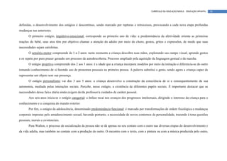 CURRÍCULO DA EDUCAÇÃO BÁSICA – EDUCAÇÃO INFANTIL   38




definidas, o desenvolvimento dos estágios é descontínuo, sendo marcado por rupturas e retrocessos, provocando a cada nova etapa profundas
mudanças nas anteriores.
       O primeiro estágio, impulsivo-emocional, corresponde ao primeiro ano de vida: a predominância da afetividade orienta as primeiras
reações do bebê, seus atos têm por objetivo chamar a atenção do adulto por meio do choro, gestos, gritos e expressões, de modo que suas
necessidades sejam satisfeitas.
       O sensório-motor compreende de 1 a 2 anos: neste momento a criança descobre suas mãos, explorando seu campo visual, aprende gestos
e os repete por puro prazer gerando um processo de autodescoberta. Processo ampliado pela aquisição da linguagem gestual e da marcha.
       O estágio projetivo compreende dos 2 aos 3 anos: é a idade que a criança incorpora modelos por meio da imitação e diferencia-se do outro
tomando conhecimento de si fazendo uso de pronomes pessoais na primeira pessoa. A palavra substitui o gesto, sendo agora a criança capaz de
representar um objeto sem sua presença.
       O estágio personalismo vai dos 3 aos 5 anos: a criança desenvolve a construção da consciência de si e consequentemente da sua
autonomia, mediada pelas interações sociais. Percebe, nesse estágio, a existência de diferentes papéis sociais. É importante destacar que as
necessidades dessa faixa etária ainda exigem do/da professor/a cuidados de caráter pessoal.
       Aos seis anos inicia-se o estágio categorial: a ênfase recai nos avanços dos progressos intelectuais, dirigindo o interesse da criança para o
conhecimento e a conquista do mundo exterior.
       Por fim, o estágio da adolescência, denominado predominância funcional: é marcado por transformações de ordem fisiológica e mudanças
corporais impostas pelo amadurecimento sexual, havendo portanto, a necessidade de novos contornos da personalidade, trazendo à tona questões
pessoais, morais e existenciais.
       Para Wallon, o processo de socialização da pessoa não se dá apenas no seu contato com o outro nas diversas etapas do desenvolvimento e
da vida adulta, mas também no contato com a produção do outro. O encontro com o texto, com a pintura ou com a música produzida pelo outro,
 
