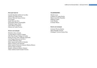 CURRÍCULO DA EDUCAÇÃO BÁSICA – EDUCAÇÃO INFANTIL   4




Educação Especial                                  COLABORADORES
Giselda Benedita Jordão de Carvalho                Marília Lucas
Edinéia da Cunha Ferreira                          Lindaura de Araújo Rocha
Doracir Maria de Souza Feitosa                     Maria Luiza Dias Ramalho
Elvio Boato                                        Walkiria Lobato
Janda Maria da Silva                               Catia Martins
Elemregina Morais Eminergídio                      Cristiano Muniz
Waldemar Gagno Júnior
Lênia Márcia Gonçalves
Edinéia da Cunha Ferreira                          Diretriz de Avaliação
                                                   Carmyra Oliveira Batista
Diretriz de Avaliação                              Maísa Brandão Ferreira
                                                   Elisângela Teixeira Gomes Dias
Michelle Abreu Furtado
Acylina Bastos Carneiro Campos
Júlia Mara Borges Fidalgo de Araújo
Kattia de Jesus Amin Athayde Figueiredo
Leda Regina Bitencourt da Silva
Luciene Matta dos Anjos
Maria Aparecida Borelli de Almeida
Maria Cristina Costa Sanromã
Maria Jeanette Pereira de Amorim Martins Ribeiro
Patrícia Nunes de Kaiser
Rogéria Adriana de Bastos Antunes
Tânia Andréia Gentil Goulart Ferreira
 