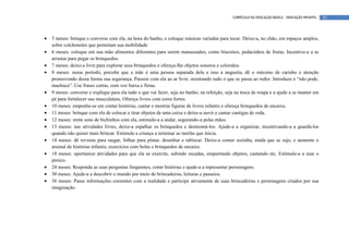 CURRÍCULO DA EDUCAÇÃO BÁSICA – EDUCAÇÃO INFANTIL   53




•   5 meses: brinque e converse com ela, na hora do banho, e coloque músicas variadas para tocar. Deixe-a, no chão, em espaços amplos,
    sobre colchonetes que permitam sua mobilidade
•   6 meses: coloque em sua mão alimentos diferentes para serem manuseados, como biscoitos, pedacinhos de frutas. Incentive-a a se
    arrastar para pegar os brinquedos.
•   7 meses: deixe-a livre para explorar seus brinquedos e ofereça-lhe objetos sonoros e coloridos.
•   8 meses: nesse período, percebe que a mãe é uma pessoa separada dela e isso a angustia, dê o máximo de carinho e atenção
    promovendo dessa forma sua segurança. Passeie com ela ao ar livre, mostrando tudo o que se passa ao redor. Introduza o “não pode,
    machuca”. Use frases curtas, com voz baixa e firme.
•   9 meses: converse e explique para ela tudo o que vai fazer, seja no banho, na refeição, seja na troca de roupa e a ajude a se manter em
    pé para fortalecer sua musculatura. Ofereça livros com cores fortes.
•   10 meses: empenhe-se em contar histórias, cantar e mostrar figuras de livros infantis e ofereça brinquedos de encaixe.
•   11 meses: brinque com ela de colocar e tirar objetos de uma caixa e deixe-a ouvir e cantar cantigas de roda.
•   12 meses: imite sons de bichinhos com ela, estimule-a a andar, segurando-a pelas mãos.
•   13 meses: nas atividades livres, deixe-a espalhar os brinquedos e desmontá-los. Ajude-a a organizar, incentivando-a a guardá-los
    quando não quiser mais brincar. Estimule a criança a terminar as tarefas que inicia.
•   14 meses: dê revistas para rasgar, folhas para pintar, desenhar e rabiscar. Deixe-a comer sozinha, ainda que se suje, e aumente o
    arsenal de histórias infantis, exercícios com bolas e brinquedos de encaixe.
•   18 meses: oportunize atividades para que ela se exercite, subindo escadas, empurrando objetos, cantando etc. Estimule-a a usar o
    penico.
•   24 meses: Responda as suas perguntas frequentes, conte histórias e ajude-a a representar personagens.
•   30 meses: Ajude-a a descobrir o mundo por meio de brincadeiras, leituras e passeios.
•   36 meses: Passe informações coerentes com a realidade e participe ativamente de suas brincadeiras e personagens criados por sua
    imaginação.
 