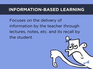 INFORMATION-BASED LEARNING

Focuses on the delivery of
information by the teacher through
lectures, notes, etc. and its recall by
the student
 