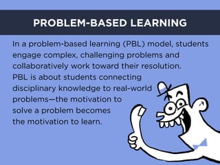 PROBLEM-BASED LEARNING
In a problem-based learning (PBL) model, students
engage complex, challenging problems and
collaboratively work toward their resolution.
PBL is about students connecting
disciplinary knowledge to real-world
problems—the motivation to
solve a problem becomes
the motivation to learn.
 