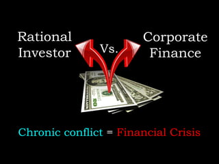 Rational
Investor

Vs.

Corporate
Finance

Chronic conflict = Financial Crisis

Copyright 2013: Rajesh D. Mudholkar, Author, The Timeless Essence of Financial Sci

 