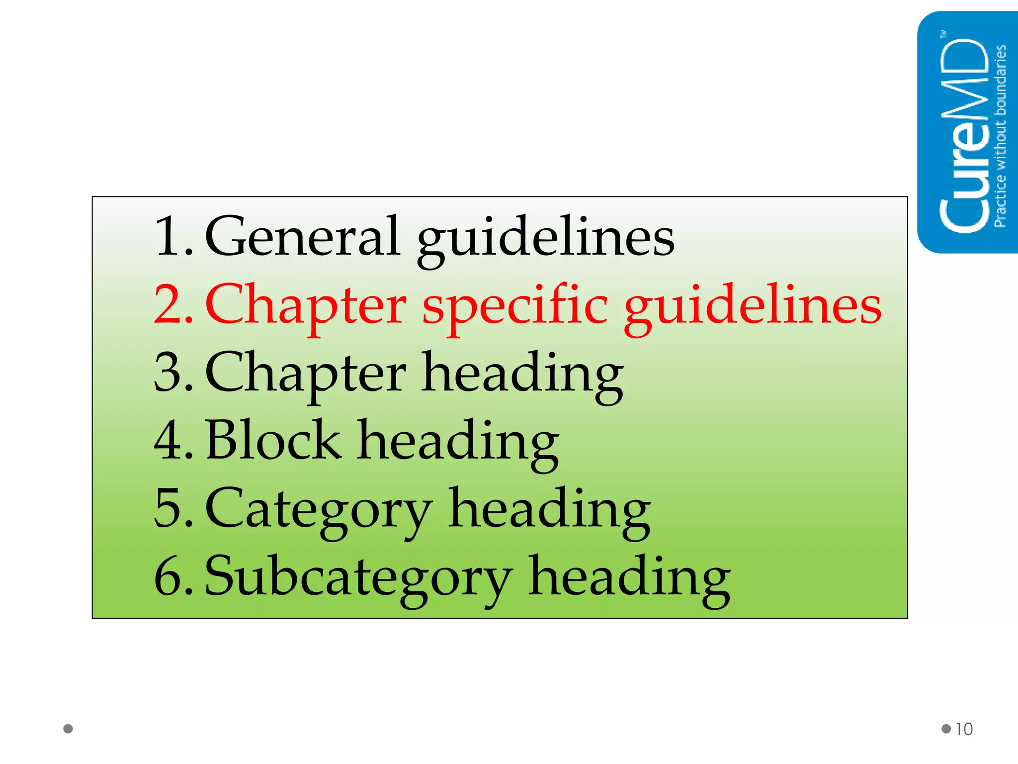 10
1.General guidelines
2.Chapter specific guidelines
3.Chapter heading
4.Block heading
5.Category heading
6.Subcategory heading
 