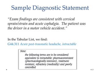 “Exam findings are consistent with cervical
sprain/strain and acute cephalgia. The patient was
the driver in a motor vehicle accident.”
In the Tabular List, we find:
G44.311 Acute post-traumatic headache, intractable
29
Sample Diagnostic Statement
 