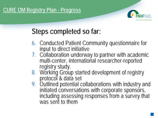 CURE OM Registry Plan - Progress
Steps completed so far:
6. Conducted Patient Community questionnaire for
input to direct ...