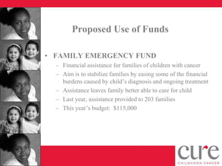 Proposed Use of Funds

• FAMILY EMERGENCY FUND
  – Financial assistance for families of children with cancer
  – Aim is to stabilize families by easing some of the financial
    burdens caused by child’s diagnosis and ongoing treatment
  – Assistance leaves family better able to care for child
  – Last year, assistance provided to 203 families
  – This year’s budget: $115,000
 