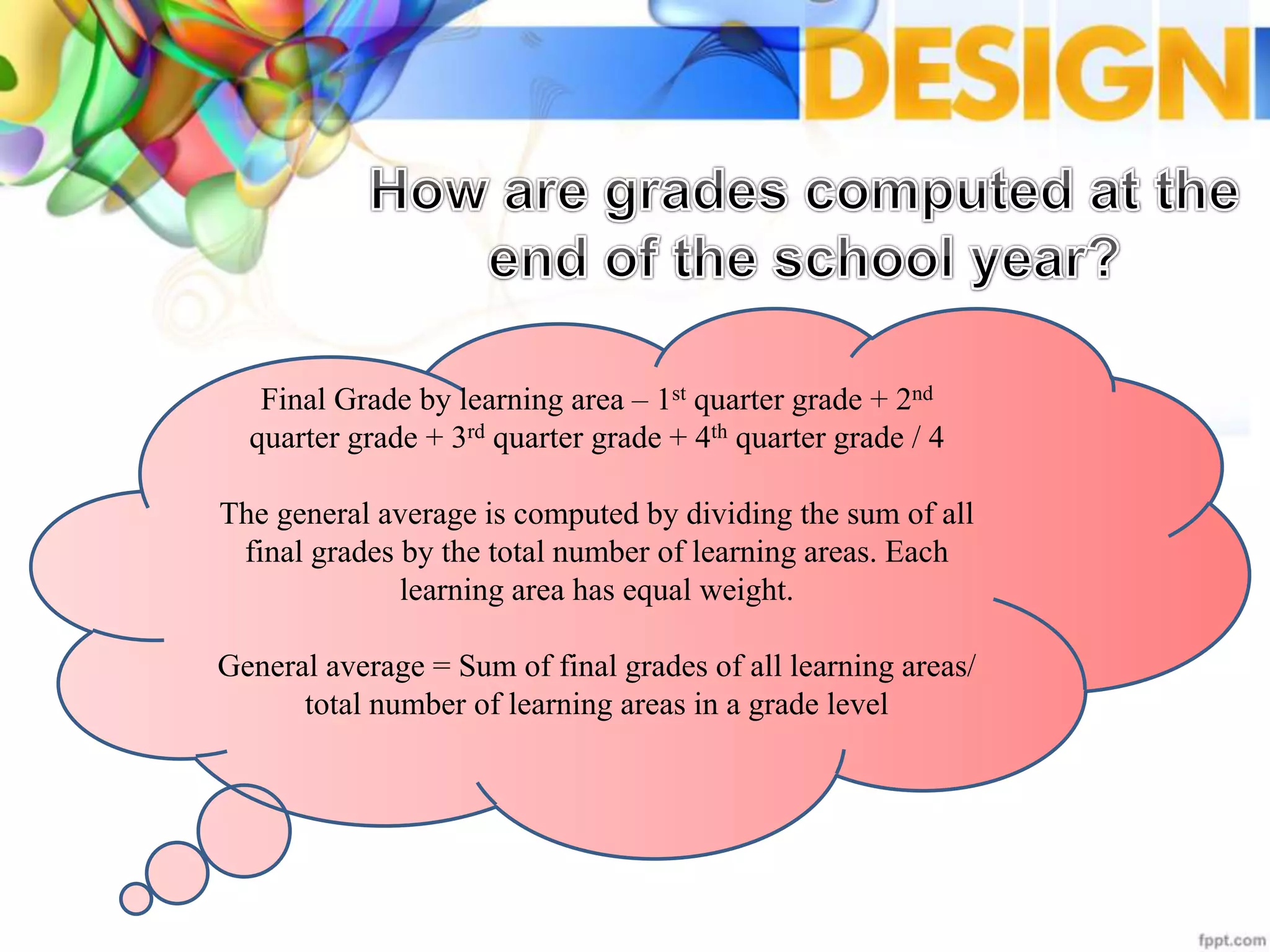Final Grade by learning area – 1st quarter grade + 2nd
quarter grade + 3rd quarter grade + 4th quarter grade / 4
The general average is computed by dividing the sum of all
final grades by the total number of learning areas. Each
learning area has equal weight.
General average = Sum of final grades of all learning areas/
total number of learning areas in a grade level
 
