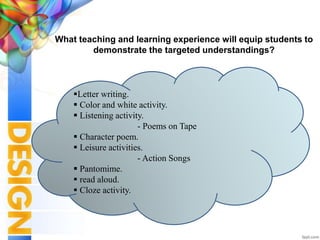 What teaching and learning experience will equip students to
demonstrate the targeted understandings?
Letter writing.
 Color and white activity.
 Listening activity.
- Poems on Tape
 Character poem.
 Leisure activities.
- Action Songs
 Pantomime.
 read aloud.
 Cloze activity.
 