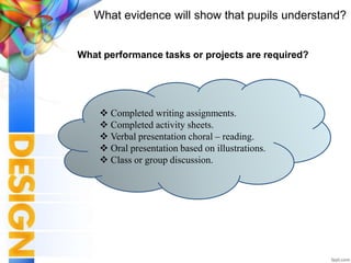 What evidence will show that pupils understand?
What performance tasks or projects are required?
 Completed writing assignments.
 Completed activity sheets.
 Verbal presentation choral – reading.
 Oral presentation based on illustrations.
 Class or group discussion.
 