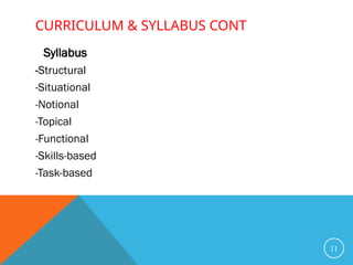 CURRICULUM & SYLLABUS CONT
11
Syllabus
-Structural
-Situational
-Notional
-Topical
-Functional
-Skills-based
-Task-based
 