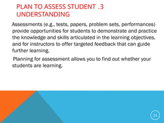 3
.
PLAN TO ASSESS STUDENT
UNDERSTANDING
Assessments (e.g., tests, papers, problem sets, performances)
provide opportunities for students to demonstrate and practice
the knowledge and skills articulated in the learning objectives,
and for instructors to offer targeted feedback that can guide
further learning.
Planning for assessment allows you to find out whether your
students are learning.
24
 