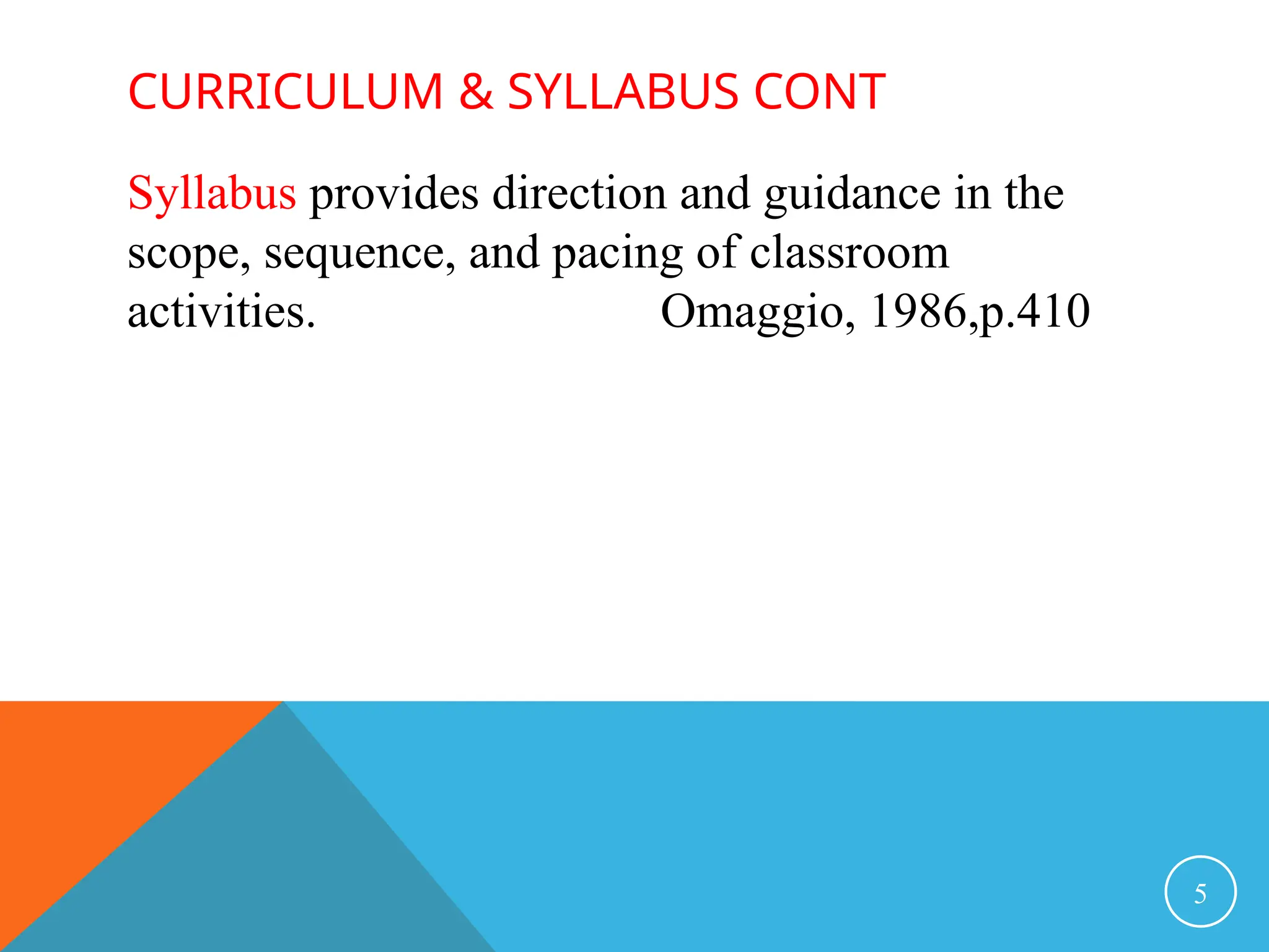 CURRICULUM & SYLLABUS CONT
Syllabus provides direction and guidance in the
scope, sequence, and pacing of classroom
activities. Omaggio, 1986,p.410
5
 