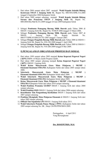 1. Dari tahun 2004 sampai tahun 2007 menjadi Wakil Kepala Sekolah Bidang
   Kesiswaan SMAN 1 Junjung Sirih SK. Bupati No. 800/3052/DPK-TA-2004
   tanggal 6 September 2004 Kabupaten Solok.
2. Dari tahun 2009 sampai sekarang menjadi Wakil Kepala Sekolah Bidang
   Sarana dan Prasarana SMAN 1 Junjung Sirih SK. Bupati No.
   800/2804/Din.Pdk/SLTA-2009 tanggal 24 Juni 2009 Kabupaten Solok


3. Sebagai Pembantu Pemegang Barang Milik Daerah pada Tahun 2006 di
   SMAN 1 Junjung Sirih SK. Bupati No. 95/BUP-2006 tanggal 15 Maret 2006.
4. Sebagai Pembantu Pemegang Barang Milik Daerah pada Tahun 2007 di
   SMAN        1      Junjung     Sirih    SK.       Kepala      Sekolah  No.
   800/577/DPK.03/SMA.01/TU-2007 tanggal 1 Januari 2007.
5. Sebagai Petugas Pengelola Barang Milik Daerah pada Tahun 2008 di SMAN 1
   Junjung Sirih SK. Bupati No. 030-188-2008 tanggal 1 April 2008.
6. Sebagai Petugas Pengelola Barang Milik Daerah pada Tahun 2009 di SMAN 1
   Junjung Sirih SK. Bupati No. 910-200-2009 tanggal 8 Mei 2009.

   E.PENGALAMAN ORGANISASI PROFESI DAN SOSIAL

1. Dari tahun 1999 sampai tahun 2003 menjadi Ketua Koperasi Pegawai Negeri
    ( KPN) SMPN 14 Muaro Jambi Propinsi Jambi.
2. Dari tahun 2005 sampai sekarang menjadi Ketua Koperasi Pegawai Negeri
    ( KPN ) SMAN 1 Junjung Sirih
3. Wakil Ketua Musyawarah Guru Mata Pelajaran ( MGMP )
    Ekonomi/Akuntansi SMA/MA Kabupaten Solok dari tahun 2005 sampai tahun
    2008.
4. Sekretaris Musyawarah Guru Mata Pelajaran ( MGMP )
    Ekonomi/Akuntansi SMA/MA Kabupaten Solok tahun 2008.
5. Wakil Sekretaris Musyawarah Guru Mata Pelajaran ( MGMP )
    Ekonomi/Akuntansi SMA/MA Kabupaten Solok tahun 2009.
6. Ketua Musyawarah Guru Mata Pelajaran ( MGMP ) Ekonomi/Akuntansi
    SMA/MA Kabupaten Solok dari tahun 2010 sampai sekarang.
7. Wakil Pembina Pramuka GUDEP SMAN 1 Junjung Sirih dari tahun 2004
    sampai sekarang
8. Wakil Pembina OSIS SMAN 1 Junjung Sirih dari tahun 2004 sampai sekarang.
9. Koordinator Tim Pengembang Kurikulum SMAN 1 Junjung Sirih dari tahun
    2007 sampai sekarang.
10. Pembina Olympiade Mata Pelajaran Ekonomi di SMAN 1 Junjung Sirih dari
    tahun 2005 sampai sekarang.
11. Official Tim Sepakbola LPI SMAN 1 Junjung Sirih tahun 2011.
12. Wakil Sekretaris Pemuda Panca Marga ( PPM ) Kabupaten Solok dari tahun
    2009 sampai sekarang No. SK : Skep-136/PD.PPM/SB/II-2009.


                                        Paninggahan, 6 April 2011
                                        Yang Bersangkutan



                                        Drs. ROSEPETRIS, M.Si




                                    2
 