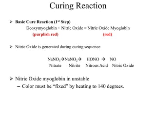 Curing Reaction
 Basic Cure Reaction (1st Step)
Deoxymyoglobin + Nitric Oxide = Nitric Oxide Myoglobin
(purplish red) (red)
 Nitric Oxide is generated during curing sequence
NaNO3NaNO2 HONO  NO
Nitrate Nitrite Nitrous Acid Nitric Oxide
 Nitric Oxide myoglobin in unstable
– Color must be “fixed” by heating to 140 degrees.
 