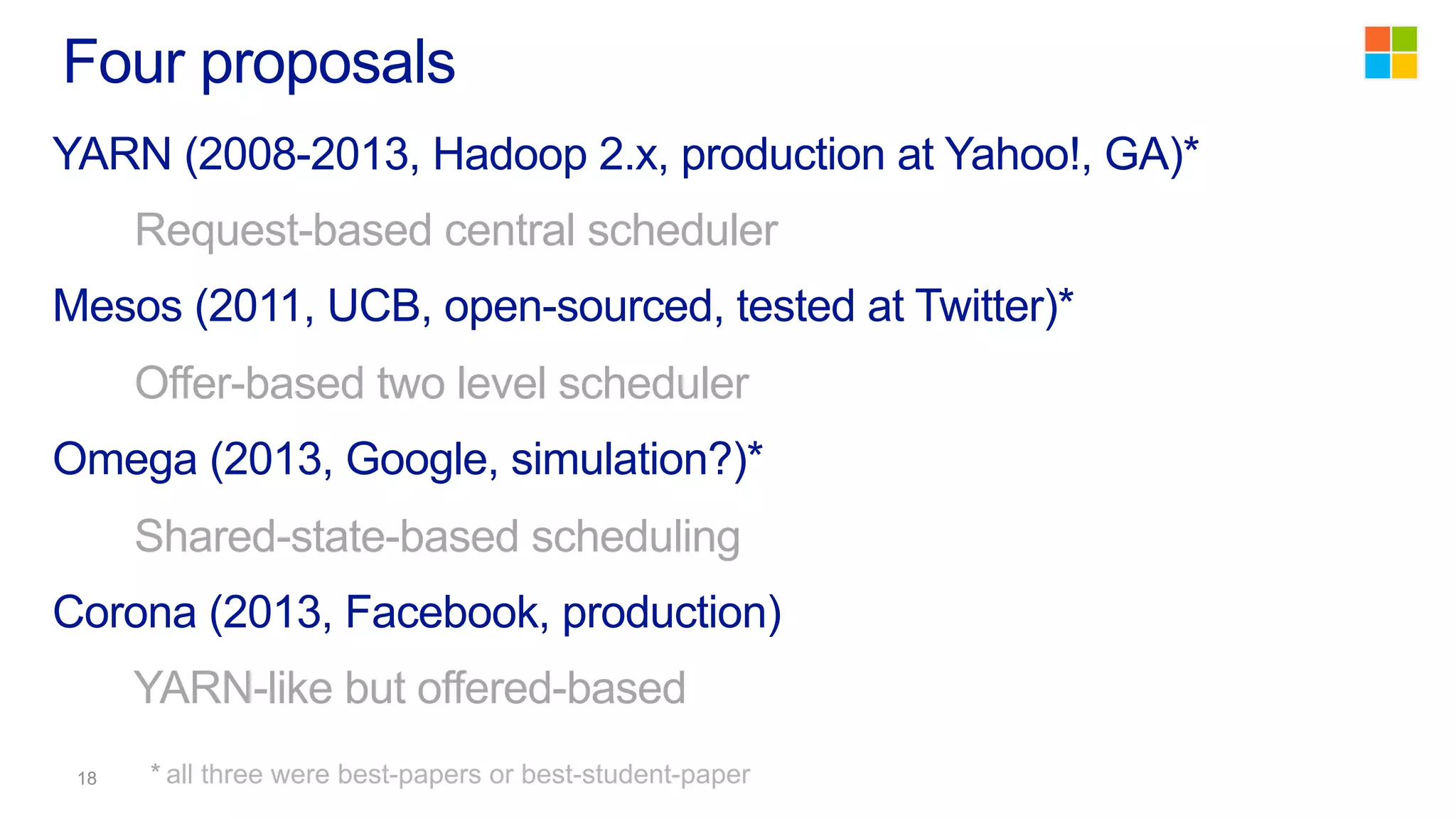 YARN (2008-2013, Hadoop 2.x, production at Yahoo!, GA)*
Request-based central scheduler
Mesos (2011, UCB, open-sourced, tested at Twitter)*
Offer-based two level scheduler
Omega (2013, Google, simulation?)*
Shared-state-based scheduling
Corona (2013, Facebook, production)
YARN-like but offered-based
Four proposals
* all three were best-papers or best-student-paper
 