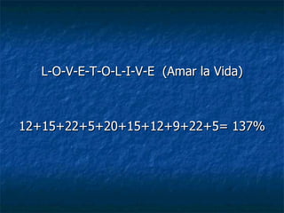 L-O-V-E-T-O-L-I-V-E (Amar la Vida)



12+15+22+5+20+15+12+9+22+5= 137%
 