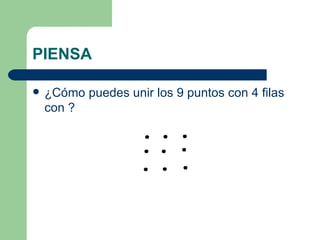 PIENSA ¿Cómo puedes unir los 9 puntos con 4 filas con ?  
