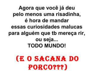 Agora que você já deu  pelo menos uma risadinha,  é hora de mandar  essas curiosidades malucas  para alguém que tb mereça rir,  ou seja...  TODO MUNDO!   (E O SACANA Do porco???)  