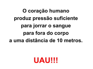 UAU!!! O coração humano  produz pressão suficiente  para jorrar o sangue  para fora do corpo  a uma distância de 10 metros.   