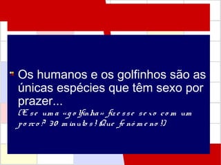 Os humanos e os golfinhos são as
únicas espécies que têm sexo por
prazer...
(E se um a «g o lfinha» fiz e sse se xo co m um
po rco ? 30 m inuto s! Que fe nó m e no !)
 