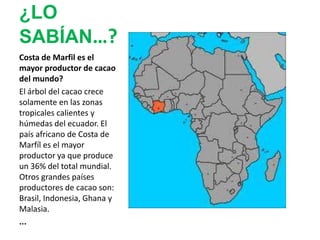 ¿LO SABÍAN…?Costa de Marfil es el mayor productor de cacao del mundo?El árbol del cacao crece solamente en las zonas tropicales calientes y húmedas del ecuador. El país africano de Costa de Marfíl es el mayor productor ya que produce un 36% del total mundial. Otros grandes países productores de cacao son: Brasil, Indonesia, Ghana y Malasia.... 