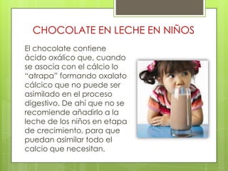 CHOCOLATE EN LECHE EN NIÑOS
El chocolate contiene
ácido oxálico que, cuando
se asocia con el cálcio lo
“atrapa” formando oxalato
cálcico que no puede ser
asimilado en el proceso
digestivo. De ahí que no se
recomiende añadirlo a la
leche de los niños en etapa
de crecimiento, para que
puedan asimilar todo el
calcio que necesitan.

 