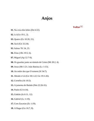Anjos
Voltar <
01. Na cova dos leões (Dn 6:22).
02. Ló (Gn 19:1, 2).
03. Quatro (Ez 10:20, 21).
04. Jacó (Gn 32:24).
05. Salmo 78: 24, 25.
06. Elias (1Rs 19:5, 6).
07. Miguel (Ap 12:7-9).
08. Os guardas junto ao túmulo de Cristo (Mt 28:2, 4).
09. Jesus (Mt 1:21; João Batista (Lc 1:13).
10. Ao redor dos que O temem (Sl 34:7).
11. Abraão e Ló (Gn 18:1-22; Gn 19:1-26).
12. Cornélio (At 10:3).
13. A jumenta de Balaão (Nm 22:26-31).
14. Paulo (Gl 4:14).
15. Gideão (Jz 6:11, 12).
16. Gabriel (Lc 1:19).
17. Com Zacarias (Zc 1:19).
18. A Hagar (Gn 16:7, 8).
 